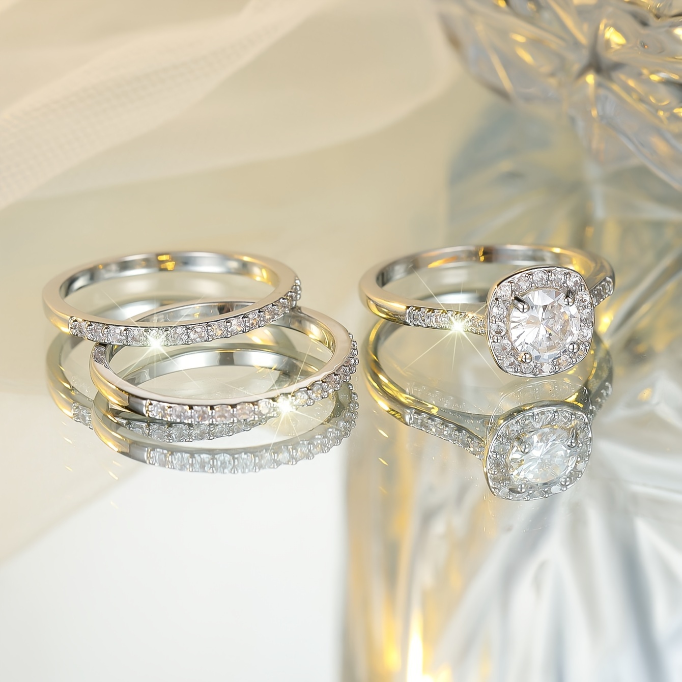 Women's Luxurious Square Synthetic Zirconia Ring Set for Three